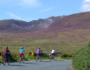 Cycling past heather covered hills in Ireland