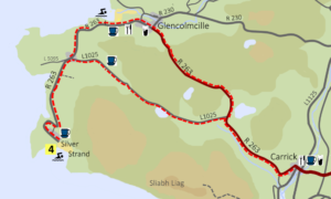 Map showing a cycling route from Carrick to the Silver Strand Becah