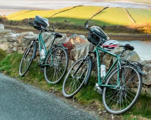 Bicyles at stone wall, Donegal, Ireland