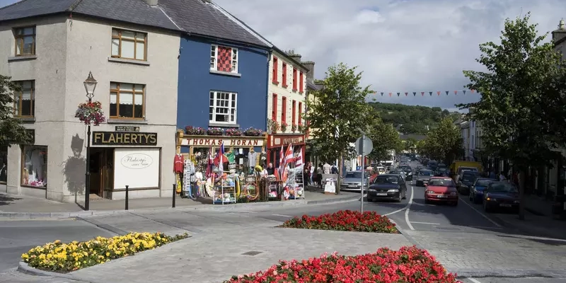 View of street with colourful buildings with flower beds in foreground.