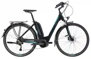 Black E-bike with light blue trim